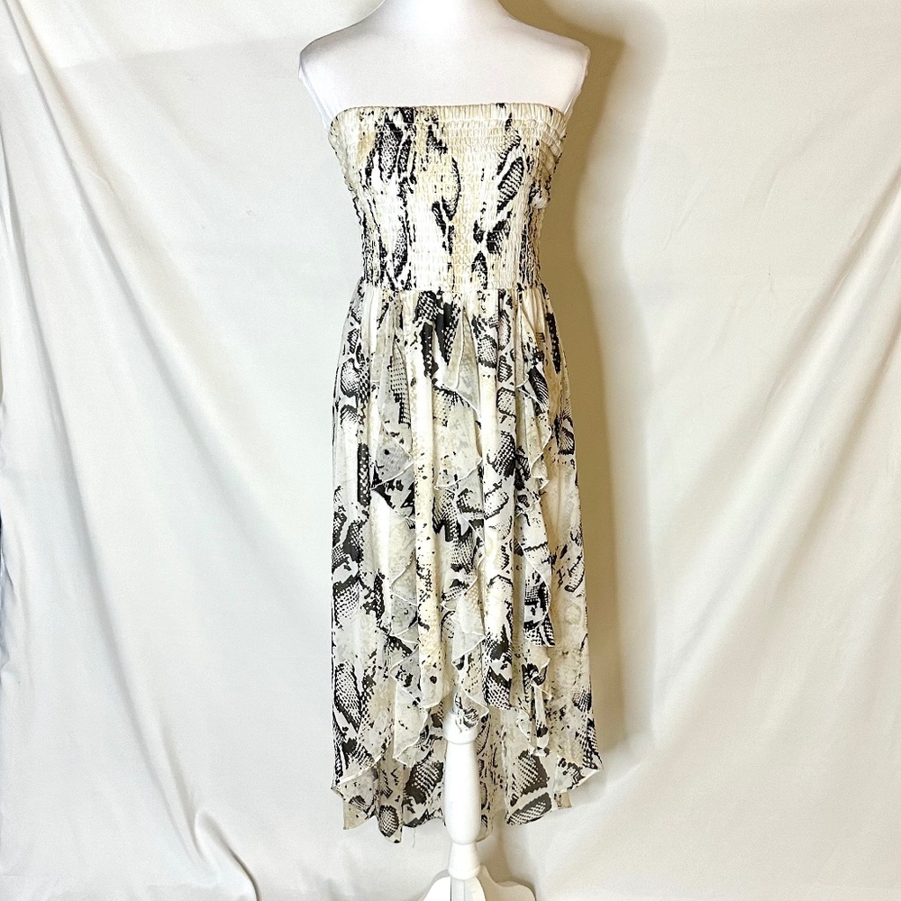 BEBE Strapless High Low Cobra Print Dress